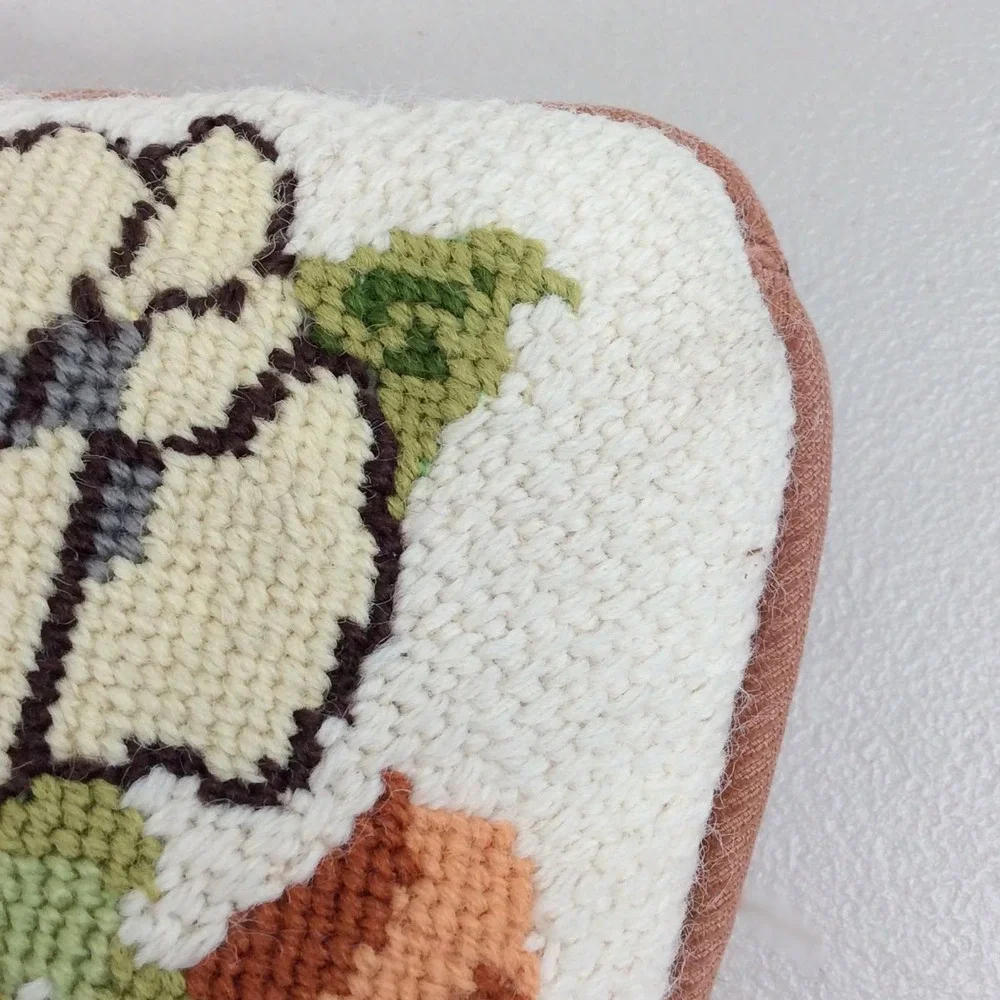 Vintage Needlepoint Handmade Decor Pillow w/ Zipped Cover Floral Pansies